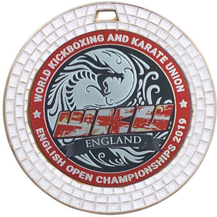 70MM WHITE GEMSTONE SPARKLE CUSTOM METAL PRINTED MEDAL - GOLD, SILVER OR BRONZE